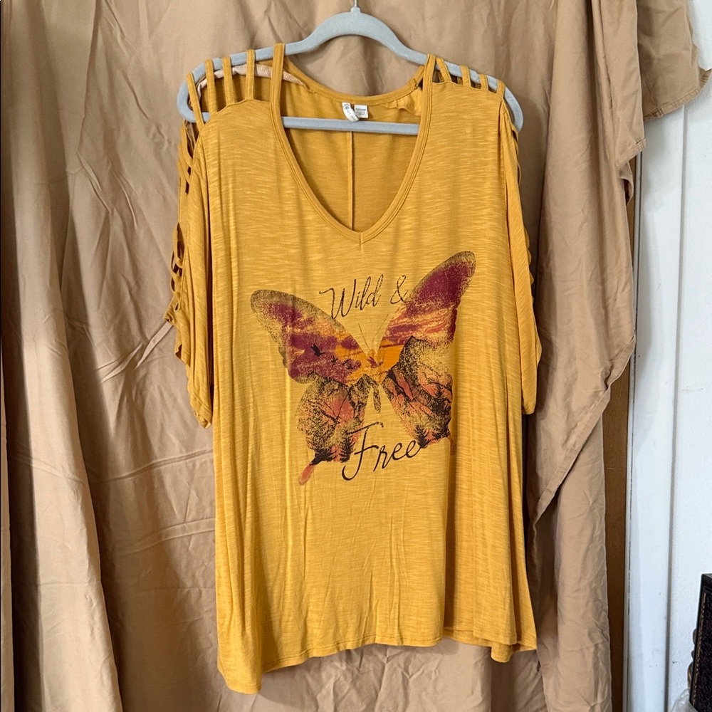 Cato Mustard Yellow Butterfly Graphic Top